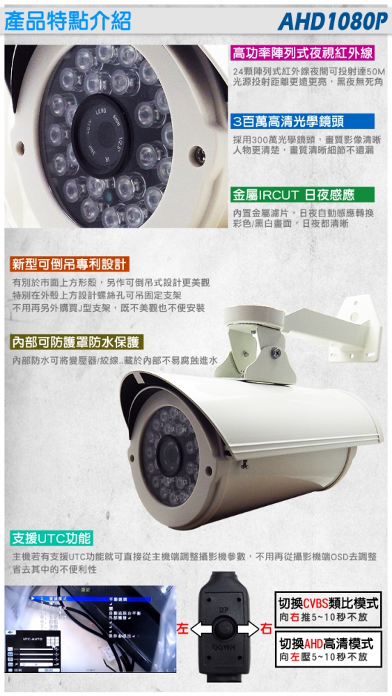 戶外專用ahd1080p 24陣列夜視燈ip66 高清類比攝影機台製精品高畫質錄影utc Osd 紅外線50m投射距離監視器監控系統攝影機攝像頭鏡頭 監視器安裝 監視器推薦 台灣監控